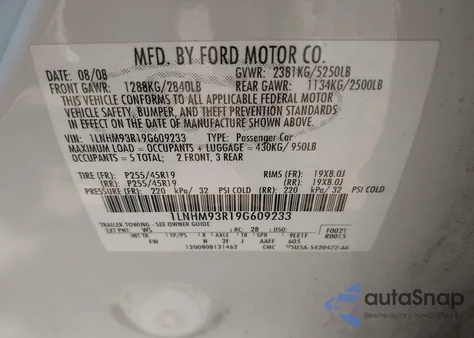 2009 Lincoln Mks z USA, uszkodzony, nr VIN 1LNHM93R19G609233